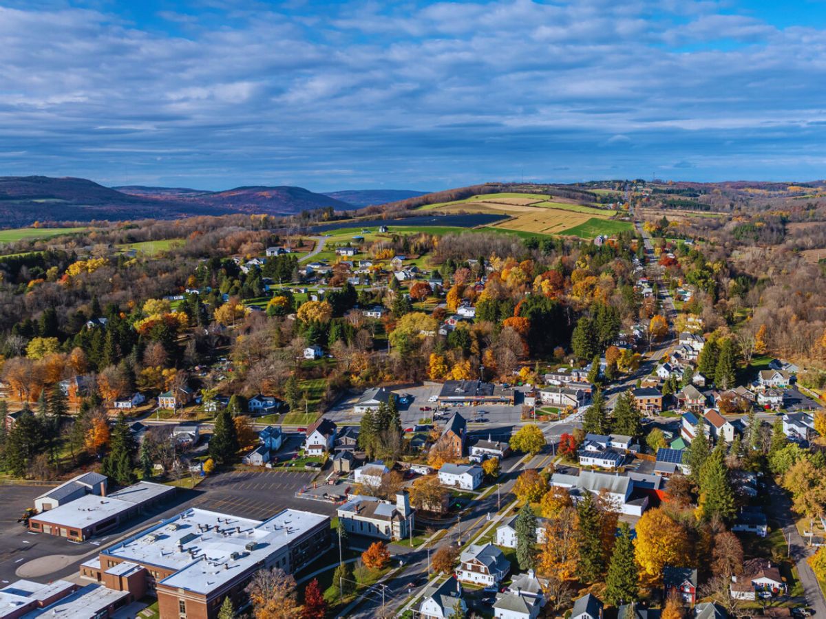 Aerial photo of fall foliage surrounding the Village of Tully, Onondaga County, NY